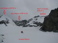 Идём по леднику Берга. Вид на перевал Берга 3А и пик Берга.