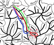 Зелёным показан выход по запасному варианту, синим показана не пройденная часть маршрута.
